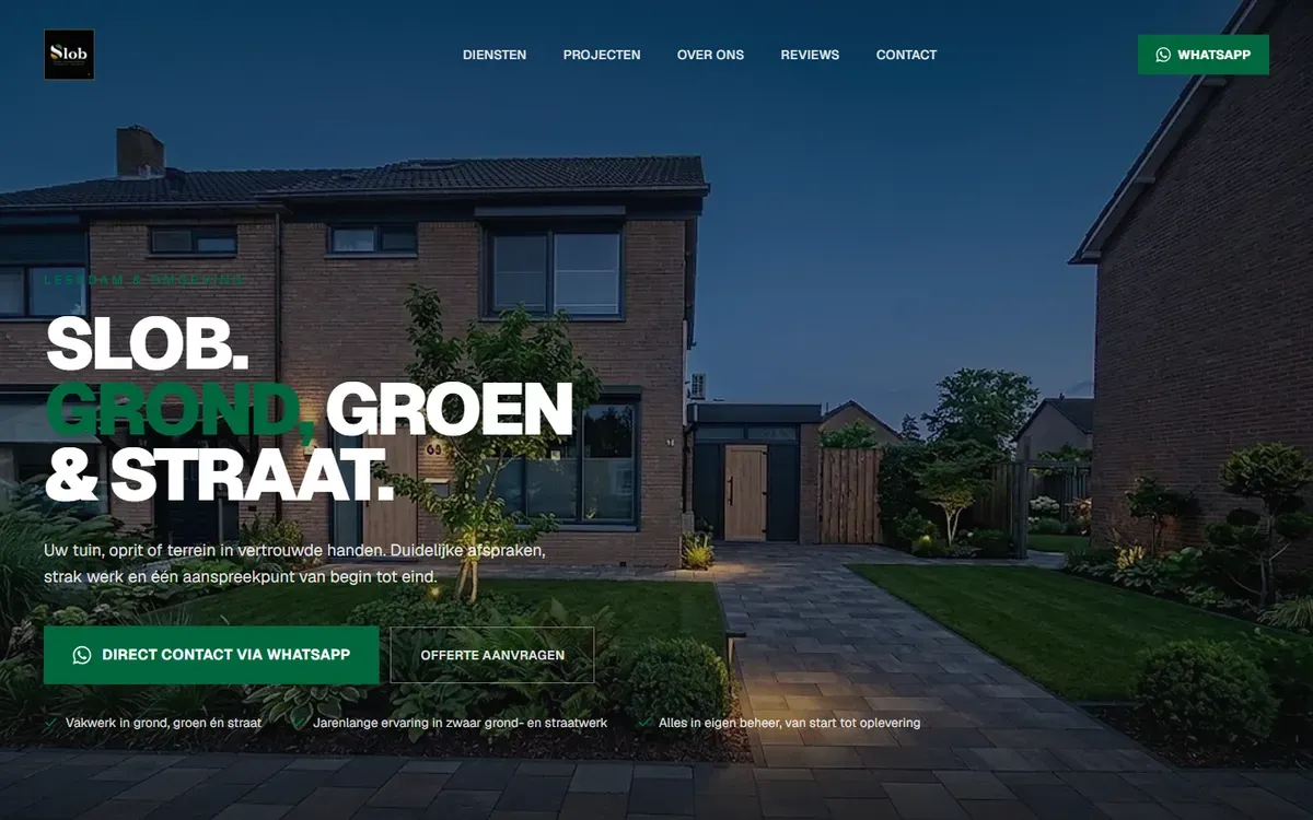 De website van Slob Tuinen, grond groen en straat.